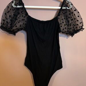 Black Bodysuit with Sheer Polka Dot Sleeves